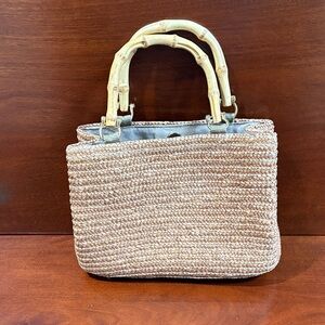 Tan Woven Wheat Straw Handbag with Bamboo Handles
